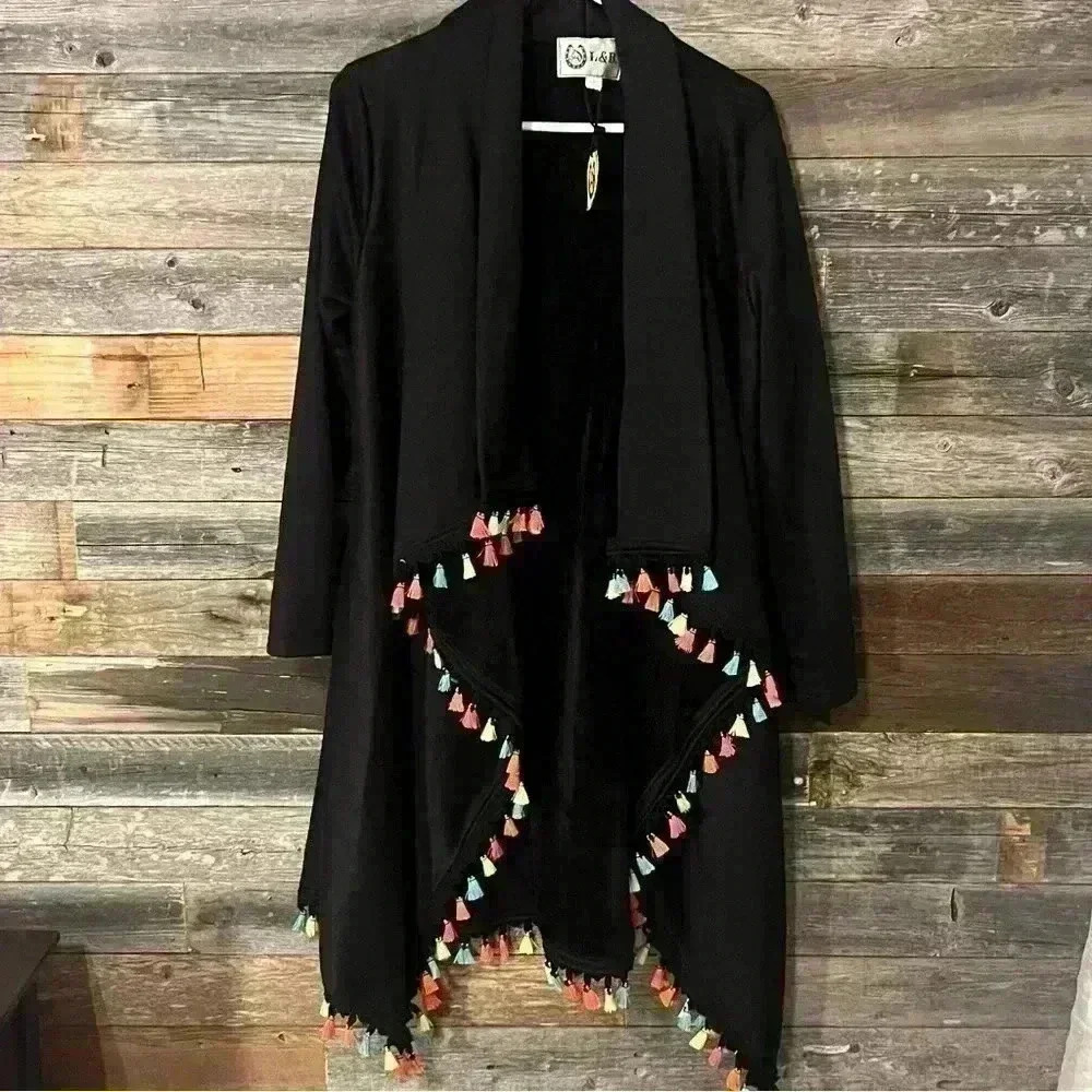 L&B Black Kimono with Neon Tassels NWT